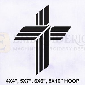 May include: Black and white embroidery design of a stylized cross with multiple lines. The design is available in four sizes: 4x4 inches, 5x7 inches, 6x6 inches, and 8x10 inches.