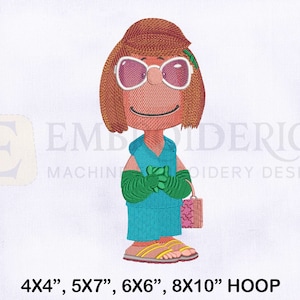 Pode incluir: Design bordado de uma personagem de desenho animado com cabelo castanho, óculos de sol e um vestido turquesa. A personagem segura uma bolsa rosa e usa luvas e sandálias verdes. Disponível nos tamanhos de bastidor de 10.16cm x 10.16cm, 12.7cm x 17.78cm, 15.24cm x 15.24cm, e 20.32cm x 25.4cm.