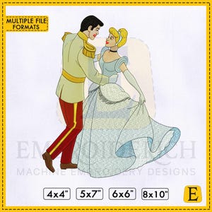 Op de afbeelding: Geborduurd ontwerp met Assepoester en Prins Charming die dansen. Assepoester draagt een lichtblauwe jurk en handschoenen, de prins een crèmekleurig jasje met gouden accenten en een rode broek. Beschikbaar in meerdere bestandsformaten.