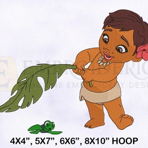Baby Moana Holding Leaf With Frog Embroidery Design, Baby Moana Embroidery Designs, Moana Embroidery Designs, 4 Sizes Embroidery Designs