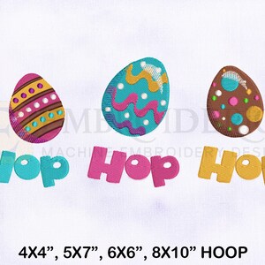 May include: Three colorful Easter eggs with different patterns, each with the word "Hop" written below in a different color. The text "4X4", "5X7", "6X6", "8X10" HOOP" is written below the eggs.