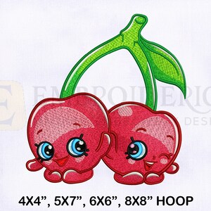 May include: Embroidered design of two red cherries with smiling faces and big eyes. The cherries are holding hands and have green stems. The design is suitable for embroidery hoops measuring 4x4 inches, 5x7 inches, 6x6 inches, and 8x8 inches.
