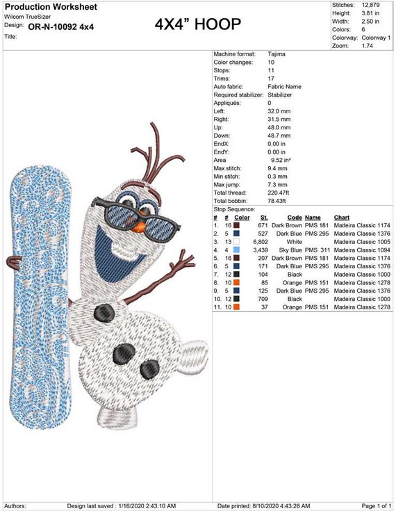 Olaf Snowboard Embroidery Design, Frozen Machine Embroidery (4