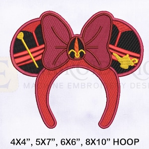 May include: Embroidered headband with a large bow and two round ears. The ears feature a gold lamp and a gold staff design. The headband is red, with a burgundy bow and black and red accents. Text at the bottom reads "4X4", 5X7", 6X6", 8X10" HOOP".