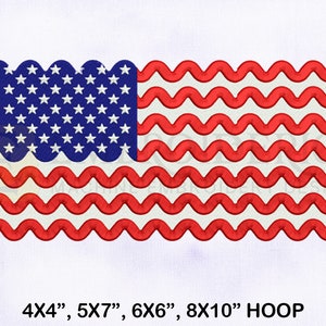 以下が含まれることがあります： 波打つデザインの赤、白、青のアメリカ国旗。4x4、5x7、6x6、または8x10のフープを使用した刺繍プロジェクトに適しています。