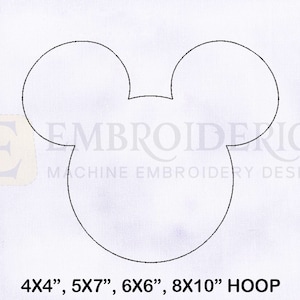 Può includere: Contorno di una testa di Topolino, adatto per progetti di ricamo. Il design è disponibile nelle dimensioni 4x4 pollici, 5x7 pollici, 6x6 pollici e 8x10 pollici.