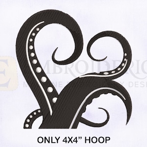 May include: Black and white embroidery design of an octopus tentacle in a heart shape. The design is for a 4x4 inch hoop.