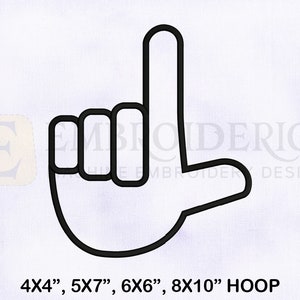 May include: Black and white line drawing of a hand pointing upwards with the index finger extended. The hand is in a cartoon style. The image is suitable for embroidery projects and is available in sizes 4x4 inches, 5x7 inches, 6x6 inches, and 8x10 inches.