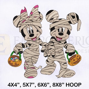 May include: Mummy Mickey Mouse and Minnie Mouse dressed in white bandages holding orange jack-o-lantern buckets filled with candy.  4x4", 5x7", 6x6", 8x8" hoop.