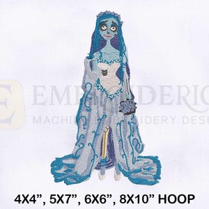 May include: An embroidery design featuring a blue-skinned character with long blue hair, wearing a white strapless gown with blue trim and a matching veil. The character holds a dark blue bouquet and stands on a white background with text 4X4, 5X7, 6X6, 8X10 HOOP.