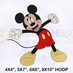 May include: Mickey Mouse cartoon character embroidery design in red, black, and yellow. The design is available in 4x4, 5x7, 6x6, and 8x10 inch hoop sizes.