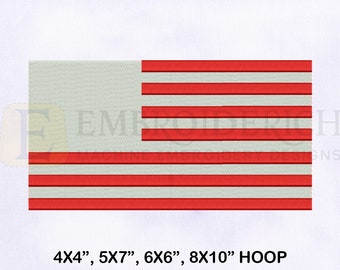 May include: A red, white and blue American flag design with 13 stripes. The flag is suitable for embroidery projects using a 4x4, 5x7, 6x6, or 8x10 hoop.