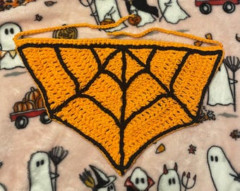 Bandana z pajęczyny na szydełku w kolorze pomarańczowym i czarnym, rozmiar mały, upiorny, halloweenowy, wróżkowy, grunge, gotycki, gotycki, szydełkowy prezent świąteczny