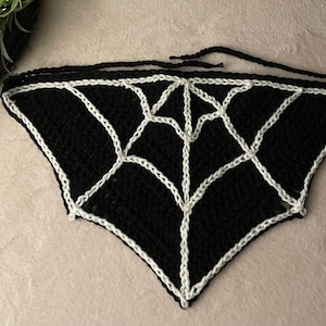 May include: Black crocheted spiderweb with white crocheted details. The web is shaped like a triangle with a pointed bottom.