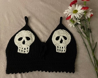 Custom skull crochet crop top halloween crochet top skull on cups spooky festival rave top crop top grunge goth holiday gift