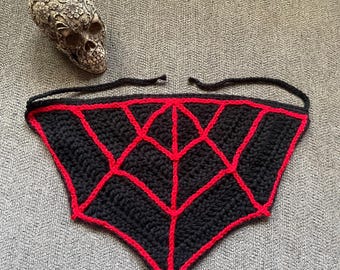 Bandana z pajęczyny na szydełku w kolorze czarno-czerwonym, rozmiar mały, upiorny, halloweenowy, wróżkowy, grunge, gotycki, gotycki, szydełkowy prezent świąteczny