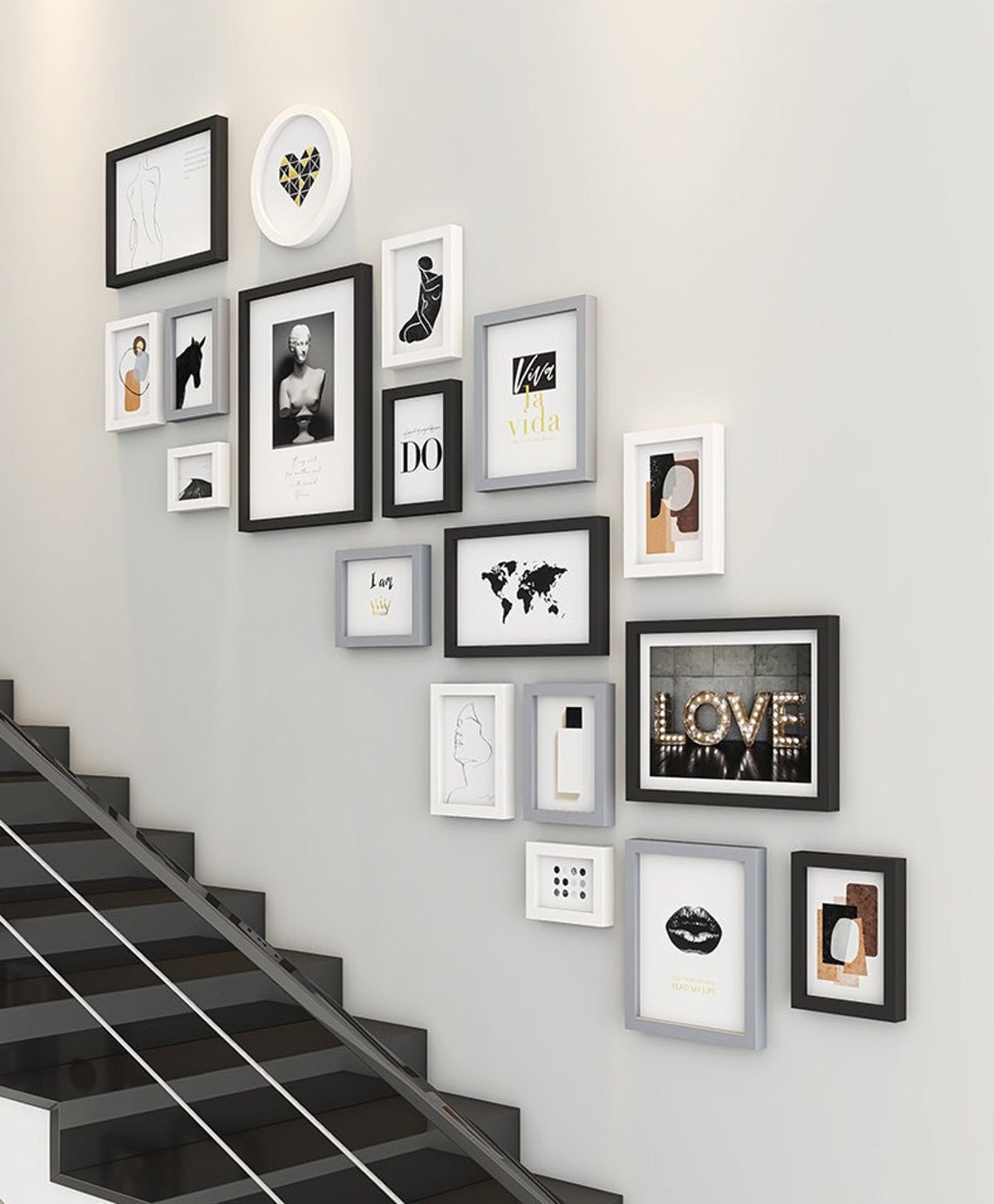 18 Pieces Solid Wood Wall Mount Photo Frame Set Staircase Etsy