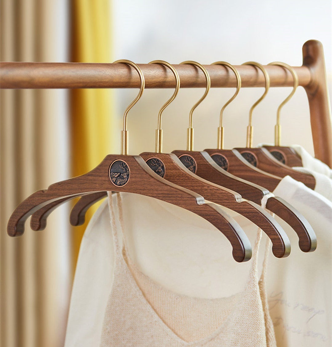 5 Pieces Solid Wood Hangers With Brass Hooks Walnut Hangers Etsy