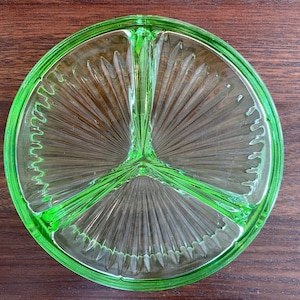 Vaseline Glass Pale Green 3 compartment dish