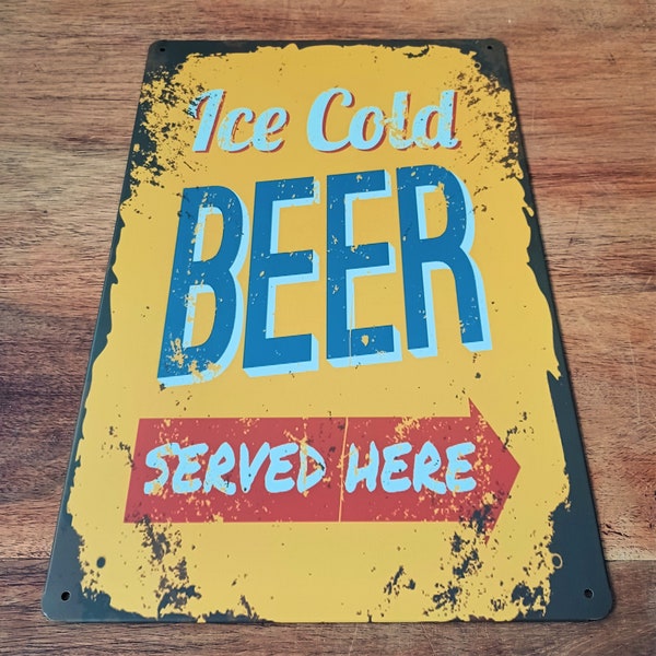 Ice cold beer served here (20x30 cm, 8"x12") Metal plaque Vintage retro tin sign for home bar, pub, café, diner, garage, shed, man cave