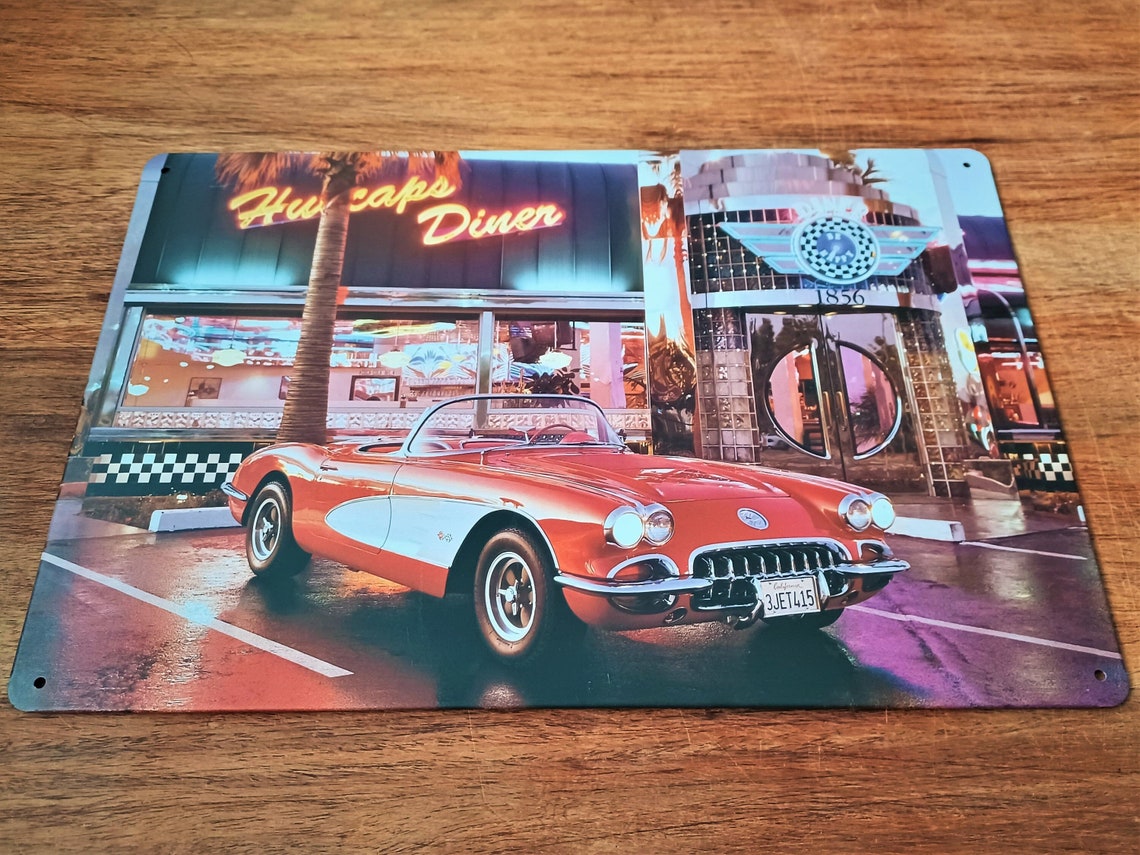 Hubcaps Diner Red Chevy Corvette Metal Plaque 20x30 Cm, 8x12 Vintage
