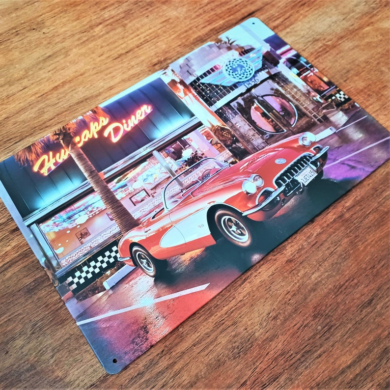 Hubcaps Diner Red Chevy Corvette Metal Plaque 20x30 Cm, 8x12 Vintage