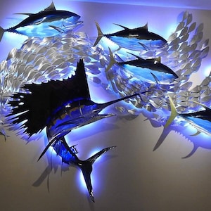 Exo-Stencil Sailfish Tuna Blitz Handmade Metal Wall Sculpture with Baitfish, Sailfish, and Tuna – Free Installation Included