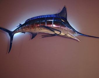 Exo Stencil Blue Marlin: Original Handmade Metal Fish Sculpture, Premium Metal Wall Art