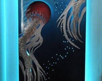 Entidades luminiscentes: Arte mural de medusas iluminadas, hecho a mano: una decoración oceánica única y cautivadora