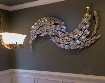 Handmade Metal Wall Sculpture: 144 Count Baitfish School, Custom-Etched Design Inspired by Fish Schooling Behavior