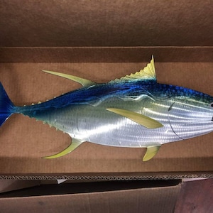 May include: A metal sculpture of a yellowfin tuna fish with blue and yellow accents. The fish is in a cardboard box.