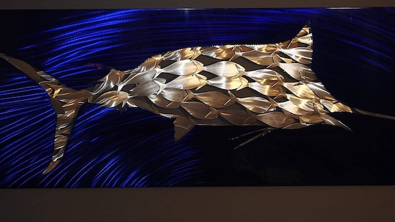 Handmade Blue Marlin Metal Wall Art – Ocean Sculpture, 60" Wide