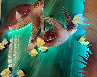 Decoración de pared para acuario Tortuga Reef: tortuga marina y pulpo iluminados