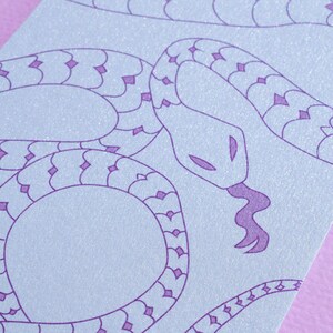 Purple snake on baby blue iridescent paper A5 size print