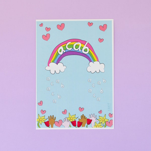 ACAB poster for room - rainbow and hearts anarchist print