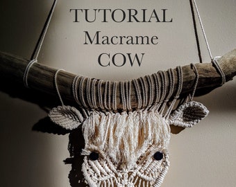 DIY vache en macramé, modèle de tutoriel en macramé en anglais, vache des montagnes en macramé, bricolage en macramé, décoration de ferme, décoration d'intérieur, macramé pour débutants,