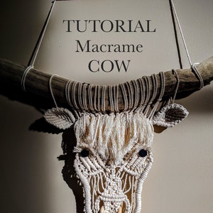 DIY vache en macramé, modèle de tutoriel en macramé en anglais, vache des montagnes en macramé, bricolage en macramé, décoration de ferme, décoration d'intérieur, macramé pour débutants,