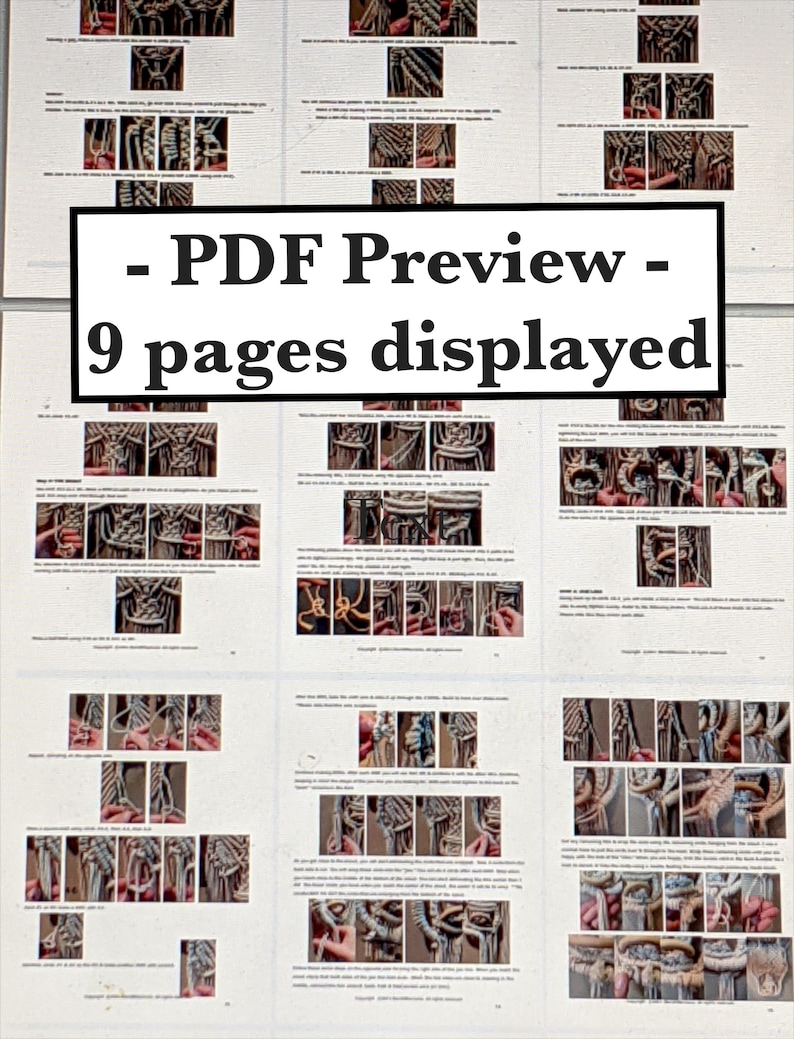 May include: A PDF preview of a 9-page document showing a step-by-step guide to macrame knotting. The document includes close-up photos of the knots and detailed instructions.