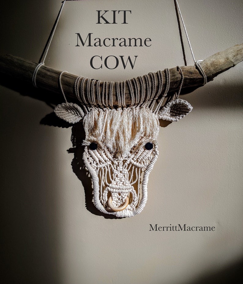 DIY Macrame COW KIT Miss Moo farm house decor, cowboy, eclectic, boho, unique project, shabby chic, Bobbiny image 1