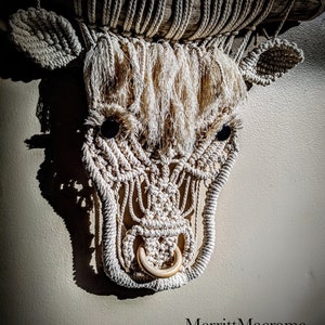 May include: A white macrame bull's head wall hanging with a gold ring in the center. The bull's head is made of knotted rope and has a fringe of white yarn.