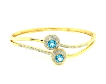 Blue Topaz Bangle - Topaz and Diamond Bangle - Natural Diamonds - Natural Blue Topaz - 9ct Gold Bangle