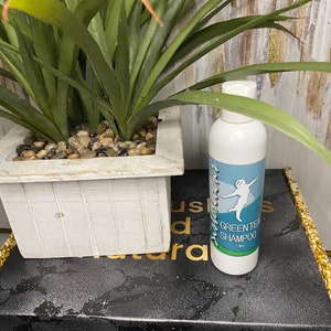 May include: A white bottle of Green Tea Shampoo with a blue and white label featuring a silhouette of a person. The bottle is next to a green plant in a white planter with small rocks. The product is on a black box.