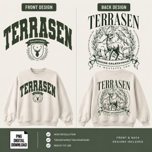 Puede incluir: Una sudadera beige con un diseño gráfico en verde oscuro. El frente muestra el texto TERRASEN sobre un escudo con una cabeza de ciervo. La parte posterior muestra una ilustración detallada de un ciervo dentro de una corona, el texto TERRASEN y la frase HOUSE GALATHYNIUS TO WHATEVER END.