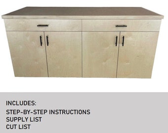 May include: A double cabinet with four drawers and two doors. The cabinet is made of light wood and has black hardware. The cabinet is labeled "Double Cabinet" and "Wood Pack DIYers".