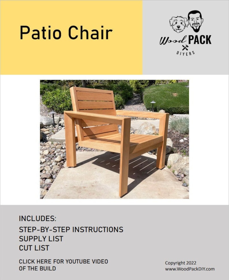 May include: A wooden patio chair with a slatted back and seat. The chair is made of natural wood and has a simple, rustic design. The chair is sitting on a concrete patio.