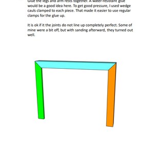 May include: A diagram showing how to glue together the legs and arm rests of a piece of furniture. The diagram shows three pieces of wood, one green, one orange, and one light blue.