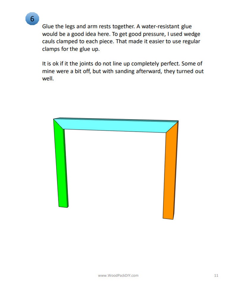 May include: A diagram showing how to glue together the legs and arm rests of a piece of furniture. The diagram shows three pieces of wood, one green, one orange, and one light blue.