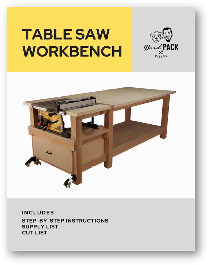 May include: A wooden table saw workbench with a yellow table saw on top. The workbench has a drawer and shelves. The workbench is on wheels. The image includes the text "TABLE SAW WORKBENCH" and "Wood PACK DIVERS".