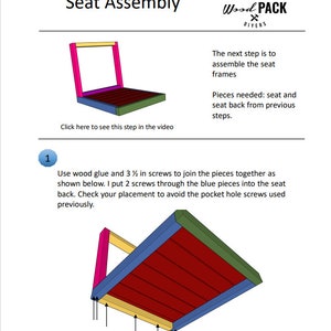 May include: Step 1 of a woodworking project showing how to assemble a seat. The image shows a red wooden seat with yellow, green, and blue wooden pieces attached to the bottom. The image includes instructions to use wood glue and 3 1/2 inch screws to join the pieces together.