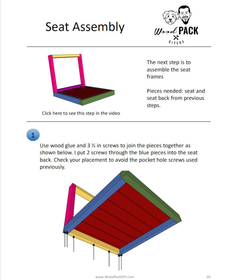 May include: Step 1 of a woodworking project showing how to assemble a seat. The image shows a red wooden seat with yellow, green, and blue wooden pieces attached to the bottom. The image includes instructions to use wood glue and 3 1/2 inch screws to join the pieces together.